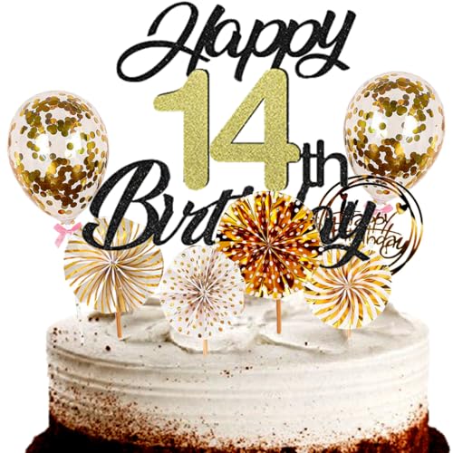 Dalettu Tortendeko 14. Geburtstag Mädchen Junge, Schwarz Cake Topper Deko 14 Geburtstag Mädchen, Cake Topper Happy Birthday Ballon Konfetti und Papierfächer für Geburtstagstorte Deko 14 Jahre Kinder Dalettu Tortendeko 14. Geburtstag Mädchen Junge, Schwarz Cake Topper Deko 14 Geburtstag Mädchen, Cake Topper Happy Birthday Ballon Konfetti und Papierfächer für Geburtstagstorte Deko 14 Jahre Kinder von Dalettu