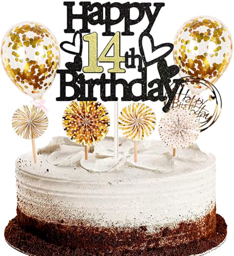 Dalettu Tortendeko 14. Geburtstag Mädchen Junge, Schwarz Cake Topper Deko 14 Geburtstag Mädchen, Kuchen Topper Happy Birthday Ballon Konfetti Papierfächer für Geburtstagstorte Deko 14 Jahre Kinder Dalettu Tortendeko 14. Geburtstag Mädchen Junge, Schwarz Cake Topper Deko 14 Geburtstag Mädchen, Kuchen Topper Happy Birthday Ballon Konfetti Papierfächer für Geburtstagstorte Deko 14 Jahre Kinder von Dalettu