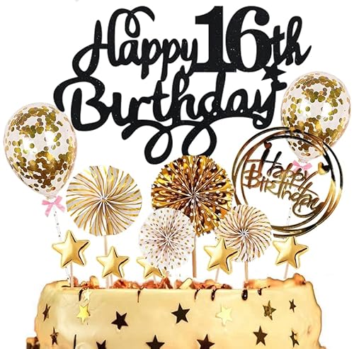 Dalettu Tortendeko 16. Geburtstag Jungen Mädchen, Kuchen Topper Happy 16th Birthday Schwarz, Kuchen Dekoration mit Luftballons Konfetti und Papierfächer für 16. Geburtstag Jungen Party Dekoration von Dalettu