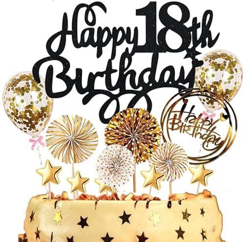 Dalettu Tortendeko 18. Geburtstag Jungen Mädchen, Kuchen Topper Happy 18th Birthday Schwarz, Kuchen Dekoration mit Luftballons Konfetti und Papierfächer für 18. Geburtstag Jungen Party Dekoration von Dalettu