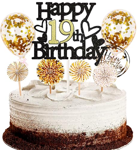 Dalettu Tortendeko 19. Geburtstag Mädchen Junge, Schwarz Cake Topper Deko 19 Geburtstag Mädchen, Kuchen Topper Happy Birthday Ballon Konfetti Papierfächer für Geburtstagstorte Deko 19 Jahre Kinder Dalettu Tortendeko 19. Geburtstag Mädchen Junge, Schwarz Cake Topper Deko 19 Geburtstag Mädchen, Kuchen Topper Happy Birthday Ballon Konfetti Papierfächer für Geburtstagstorte Deko 19 Jahre Kinder von Dalettu