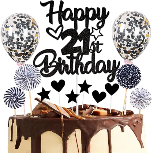 Dalettu Tortendeko 21. Geburtstag Mann Frau, Kuchen Topper Happy 21th Birthday Schwarz, Glitzer Kuchendeko 21. Geburtstag Ballon Konfetti Papierfächer für Geburtstagstorte Deko 21 Jahre Frauen Männer von Dalettu