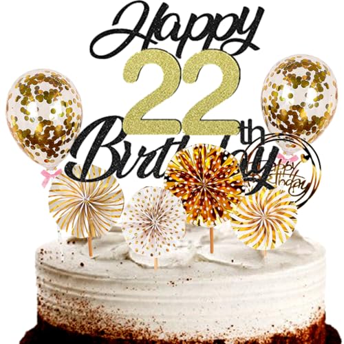 Dalettu Tortendeko 22. Geburtstag Mann Frau, Schwarz Cake Topper Deko 22 Geburtstag Frauen, Cake Topper Happy Birthday Ballon Konfetti und Papierfächer für Geburtstagstorte Deko 22 Jahre Frauen Männer von Dalettu