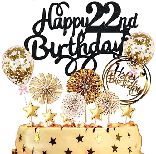 Dalettu Tortendeko 22. Geburtstag Mann Frauen, Kuchen Topper Happy 22th Birthday Schwarz, Kuchen Dekoration mit Luftballons Konfetti und Papierfächer für 22. Geburtstag Männer Party Dekoration von Dalettu