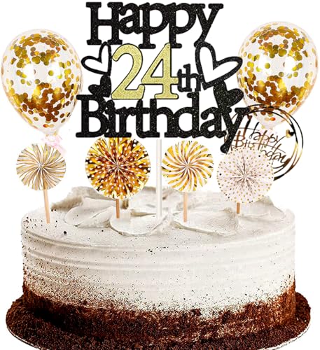 Dalettu Tortendeko 24. Geburtstag Mann Frau, Schwarz Cake Topper Deko 24 Geburtstag Frauen, Kuchen Topper Happy Birthday Ballon Konfetti Papierfächer für Geburtstagstorte Deko 24 Jahre Frauen Männer Dalettu Tortendeko 24. Geburtstag Mann Frau, Schwarz Cake Topper Deko 24 Geburtstag Frauen, Kuchen Topper Happy Birthday Ballon Konfetti Papierfächer für Geburtstagstorte Deko 24 Jahre Frauen Männer von Dalettu