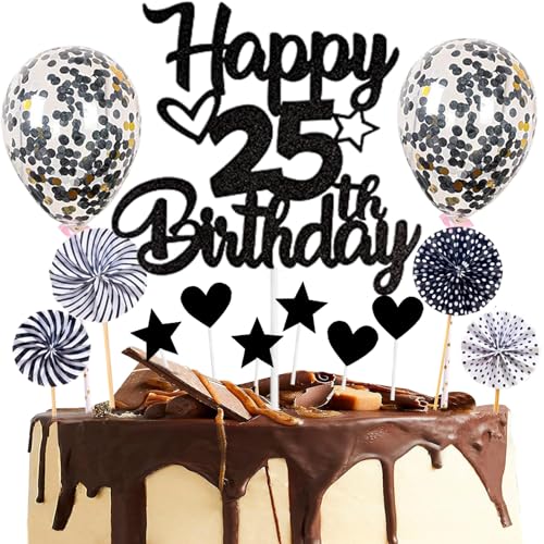 Dalettu Tortendeko 25. Geburtstag Mann Frau, Kuchen Topper Happy 25th Birthday Schwarz, Glitzer Kuchendeko 25. Geburtstag Ballon Konfetti Papierfächer für Geburtstagstorte Deko 25 Jahre Frauen Männer von Dalettu
