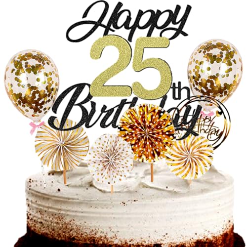 Dalettu Tortendeko 25. Geburtstag Mann Frau, Schwarz Cake Topper Deko 25 Geburtstag Frauen, Cake Topper Happy Birthday Ballon Konfetti und Papierfächer für Geburtstagstorte Deko 25 Jahre Frauen Männer von Dalettu