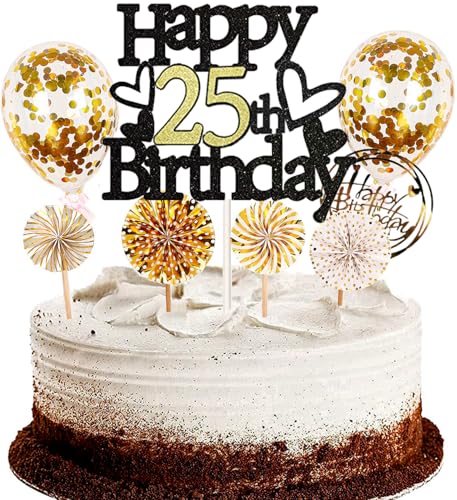 Dalettu Tortendeko 25. Geburtstag Mann Frau, Schwarz Cake Topper Deko 25 Geburtstag Frauen, Kuchen Topper Happy Birthday Ballon Konfetti Papierfächer für Geburtstagstorte Deko 25 Jahre Frauen Männer von Dalettu