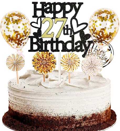 Dalettu Tortendeko 27. Geburtstag Mann Frau, Schwarz Cake Topper Deko 27 Geburtstag Frauen, Kuchen Topper Happy Birthday Ballon Konfetti Papierfächer für Geburtstagstorte Deko 27 Jahre Frauen Männer Dalettu Tortendeko 27. Geburtstag Mann Frau, Schwarz Cake Topper Deko 27 Geburtstag Frauen, Kuchen Topper Happy Birthday Ballon Konfetti Papierfächer für Geburtstagstorte Deko 27 Jahre Frauen Männer von Dalettu
