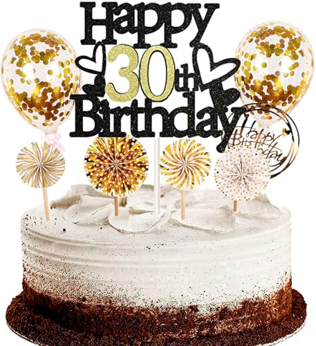 Dalettu Tortendeko 30. Geburtstag Mann Frau, Schwarz Cake Topper Deko 30 Geburtstag Frauen, Kuchen Topper Happy Birthday Ballon Konfetti Papierfächer für Geburtstagstorte Deko 30 Jahre Frauen Männer von Dalettu