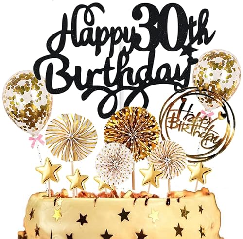 Dalettu Tortendeko 30. Geburtstag Mann Frauen, Kuchen Topper Happy 30th Birthday Schwarz, Kuchen Dekoration mit Luftballons Konfetti und Papierfächer für 30. Geburtstag Männer Party Dekoration von Dalettu