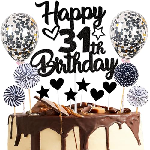 Dalettu Tortendeko 31. Geburtstag Mann Frau, Kuchen Topper Happy 31th Birthday Schwarz, Glitzer Kuchendeko 31. Geburtstag Ballon Konfetti Papierfächer für Geburtstagstorte Deko 31 Jahre Frauen Männer von Dalettu