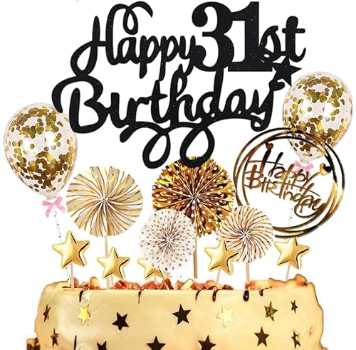 Dalettu Tortendeko 31. Geburtstag Mann Frauen, Kuchen Topper Happy 31th Birthday Schwarz, Kuchen Dekoration mit Luftballons Konfetti und Papierfächer für 31. Geburtstag Männer Party Dekoration von Dalettu