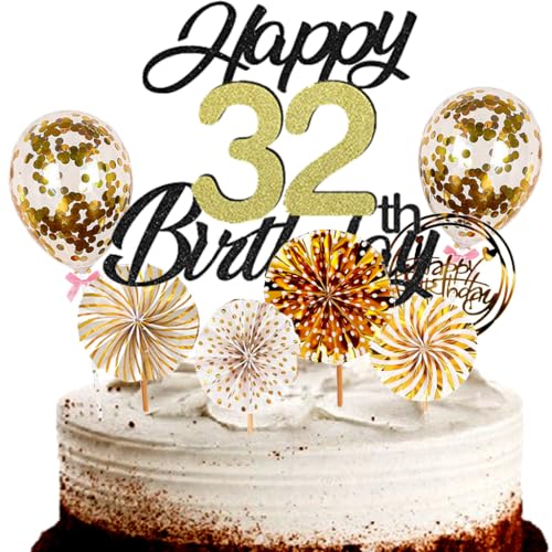 Dalettu Tortendeko 32. Geburtstag Mann Frau, Schwarz Cake Topper Deko 32 Geburtstag Frauen, Cake Topper Happy Birthday Ballon Konfetti und Papierfächer für Geburtstagstorte Deko 32 Jahre Frauen Männer Dalettu Tortendeko 32. Geburtstag Mann Frau, Schwarz Cake Topper Deko 32 Geburtstag Frauen, Cake Topper Happy Birthday Ballon Konfetti und Papierfächer für Geburtstagstorte Deko 32 Jahre Frauen Männer von Dalettu