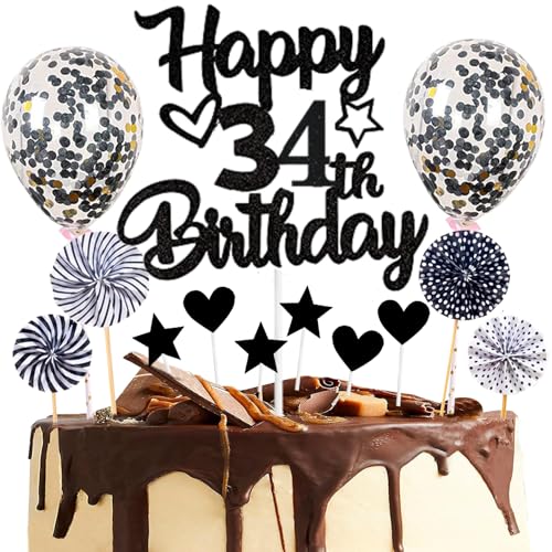 Dalettu Tortendeko 34. Geburtstag Mann Frau, Kuchen Topper Happy 34th Birthday Schwarz, Glitzer Kuchendeko 34. Geburtstag Ballon Konfetti Papierfächer für Geburtstagstorte Deko 34 Jahre Frauen Männer von Dalettu