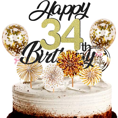 Dalettu Tortendeko 34. Geburtstag Mann Frau, Schwarz Cake Topper Deko 34 Geburtstag Frauen, Cake Topper Happy Birthday Ballon Konfetti und Papierfächer für Geburtstagstorte Deko 34 Jahre Frauen Männer von Dalettu