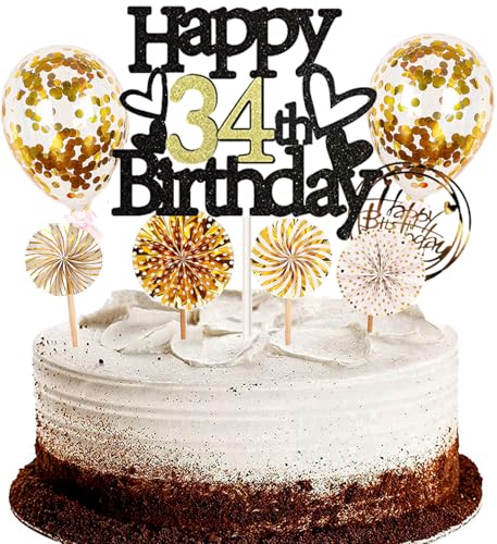 Dalettu Tortendeko 34. Geburtstag Mann Frau, Schwarz Cake Topper Deko 34 Geburtstag Frauen, Kuchen Topper Happy Birthday Ballon Konfetti Papierfächer für Geburtstagstorte Deko 34 Jahre Frauen Männer von Dalettu