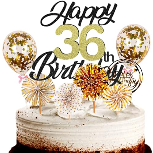 Dalettu Tortendeko 36. Geburtstag Mann Frau, Schwarz Cake Topper Deko 36 Geburtstag Frauen, Cake Topper Happy Birthday Ballon Konfetti und Papierfächer für Geburtstagstorte Deko 36 Jahre Frauen Männer von Dalettu