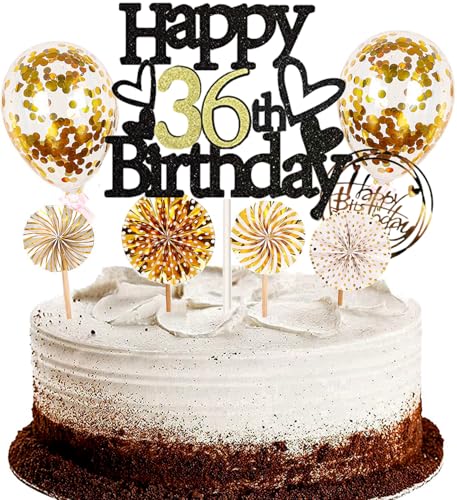 Dalettu Tortendeko 36. Geburtstag Mann Frau, Schwarz Cake Topper Deko 36 Geburtstag Frauen, Kuchen Topper Happy Birthday Ballon Konfetti Papierfächer für Geburtstagstorte Deko 36 Jahre Frauen Männer von Dalettu