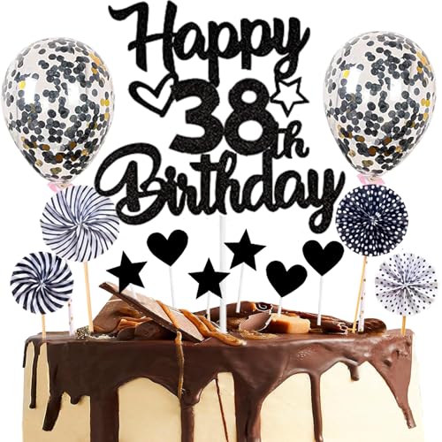 Dalettu Tortendeko 38. Geburtstag Mann Frau, Kuchen Topper Happy 38th Birthday Schwarz, Glitzer Kuchendeko 38. Geburtstag Ballon Konfetti Papierfächer für Geburtstagstorte Deko 38 Jahre Frauen Männer von Dalettu