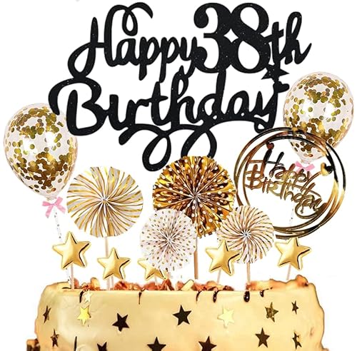 Dalettu Tortendeko 38. Geburtstag Mann Frauen, Kuchen Topper Happy 38th Birthday Schwarz, Kuchen Dekoration mit Luftballons Konfetti und Papierfächer für 38. Geburtstag Männer Party Dekoration von Dalettu