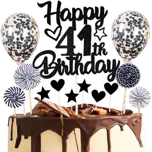 Dalettu Tortendeko 41. Geburtstag Mann Frau, Kuchen Topper Happy 41th Birthday Schwarz, Glitzer Kuchendeko 41. Geburtstag Ballon Konfetti Papierfächer für Geburtstagstorte Deko 41 Jahre Frauen Männer von Dalettu