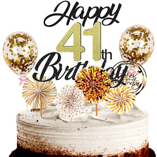 Dalettu Tortendeko 41. Geburtstag Mann Frau, Schwarz Cake Topper Deko 41 Geburtstag Frauen, Cake Topper Happy Birthday Ballon Konfetti und Papierfächer für Geburtstagstorte Deko 41 Jahre Frauen Männer von Dalettu
