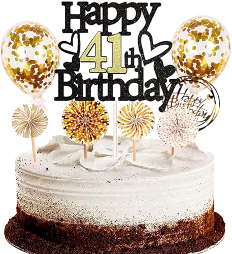 Dalettu Tortendeko 41. Geburtstag Mann Frau, Schwarz Cake Topper Deko 41 Geburtstag Frauen, Kuchen Topper Happy Birthday Ballon Konfetti Papierfächer für Geburtstagstorte Deko 41 Jahre Frauen Männer von Dalettu