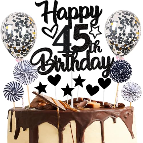 Dalettu Tortendeko 45. Geburtstag Mann Frau, Kuchen Topper Happy 45th Birthday Schwarz, Glitzer Kuchendeko 45. Geburtstag Ballon Konfetti Papierfächer für Geburtstagstorte Deko 45 Jahre Frauen Männer von Dalettu