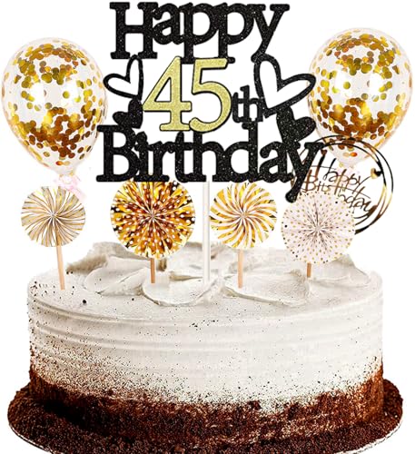 Dalettu Tortendeko 45. Geburtstag Mann Frau, Schwarz Cake Topper Deko 45 Geburtstag Frauen, Kuchen Topper Happy Birthday Ballon Konfetti Papierfächer für Geburtstagstorte Deko 45 Jahre Frauen Männer Dalettu Tortendeko 45. Geburtstag Mann Frau, Schwarz Cake Topper Deko 45 Geburtstag Frauen, Kuchen Topper Happy Birthday Ballon Konfetti Papierfächer für Geburtstagstorte Deko 45 Jahre Frauen Männer von Dalettu
