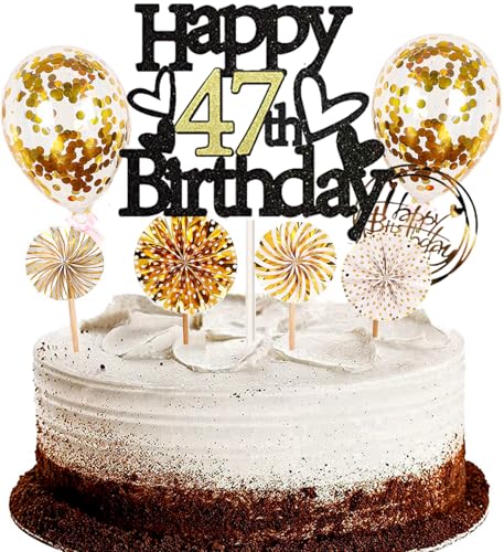 Dalettu Tortendeko 47. Geburtstag Mann Frau, Schwarz Cake Topper Deko 47 Geburtstag Frauen, Kuchen Topper Happy Birthday Ballon Konfetti Papierfächer für Geburtstagstorte Deko 47 Jahre Frauen Männer Dalettu Tortendeko 47. Geburtstag Mann Frau, Schwarz Cake Topper Deko 47 Geburtstag Frauen, Kuchen Topper Happy Birthday Ballon Konfetti Papierfächer für Geburtstagstorte Deko 47 Jahre Frauen Männer von Dalettu