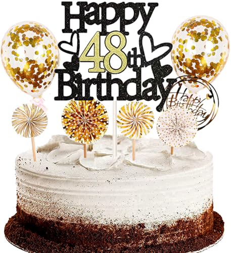 Dalettu Tortendeko 48. Geburtstag Mann Frau, Schwarz Cake Topper Deko 48 Geburtstag Frauen, Kuchen Topper Happy Birthday Ballon Konfetti Papierfächer für Geburtstagstorte Deko 48 Jahre Frauen Männer Dalettu Tortendeko 48. Geburtstag Mann Frau, Schwarz Cake Topper Deko 48 Geburtstag Frauen, Kuchen Topper Happy Birthday Ballon Konfetti Papierfächer für Geburtstagstorte Deko 48 Jahre Frauen Männer von Dalettu