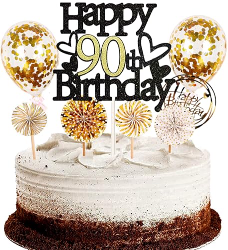 Dalettu Tortendeko 90. Geburtstag Mann Frau, Schwarz Cake Topper Deko 90 Geburtstag Frauen, Kuchen Topper Happy Birthday Ballon Konfetti Papierfächer für Geburtstagstorte Deko 90 Jahre Frauen Männer von Dalettu