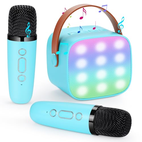 Damcyer Karaoke Maschine mit 2 Drahtlosen Mikrofonen, Tragbares Bluetooth Karaoke Maschine für Kinder Erwachsene, Tragbare Karaoke Maschine für Kinder und Anfänger, Hellblau von Damcyer