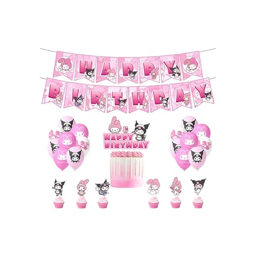 Damoff My Melody & Kuromi Geburtstag Deko: 18pcs Kuromi Luftballons, 1pcs My Melody Geburtstag Girlande, 13pcs Torten Topper in Schwarz und Rosa von Damoff