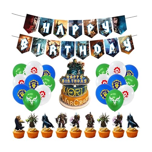 Damoff Videospiel Geburtstag Deko: 1pcs Girlande, 18pcs World of Warcraft Luftballons, 25pcs Torte Deko Spiel - Blau, Grün - Azeroth - Geburtstag von Damoff