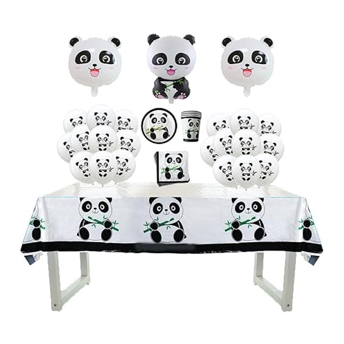 Damoff Panda Geburtstag Deko Set: Panda Luftballons, Tassen, Platten, Servietten & Aluminiumfolienballons in Schwarz, Weiß & bunten Akzenten für Geburtstagspartys von Damoff