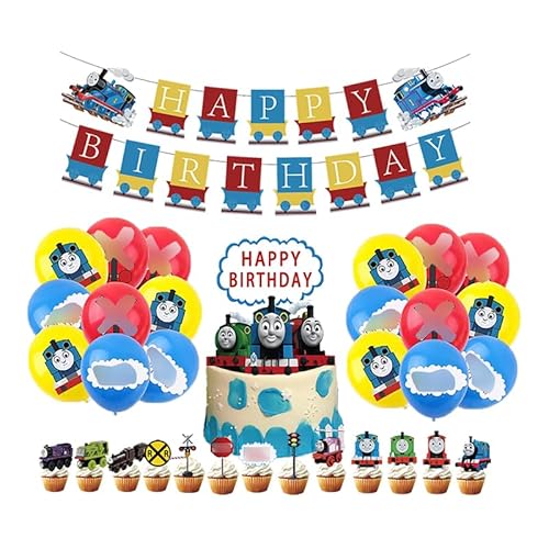 Damoff Thomas und seine Freunde Geburtstag Deko: 1x Banner, 18x Luftballons, 21x Kuchen Topper in Blau Damoff Thomas und seine Freunde Geburtstag Deko: 1x Banner, 18x Luftballons, 21x Kuchen Topper in Blau von Damoff