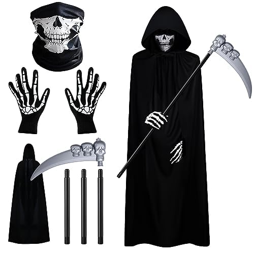 DanDun Halloween Sensenmann Kostüm, Sensenmann Kostüm, Halloween Kostüm Set (Sensenmann Umhang mit Totenkopfmaske, Sense, Kapuze, Handschuhe), Halloween Deko Cosplay Sensenmann für Maskerade Party von DanDun