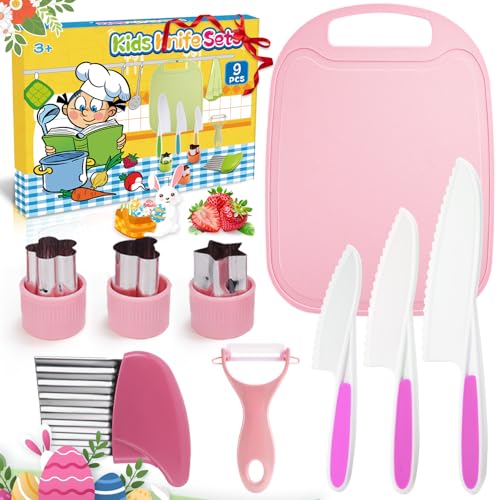 Dancial Kindermesser,9-Teiliges Kindermesser ab 2+ Jahre Kinder, Kinder Sicherheit Kochmesser Küchenmesser Set mit Gemüse Ausstechformen,Weihnachts- oder Geburtstagsgeschenk (Rosa) von Dancial