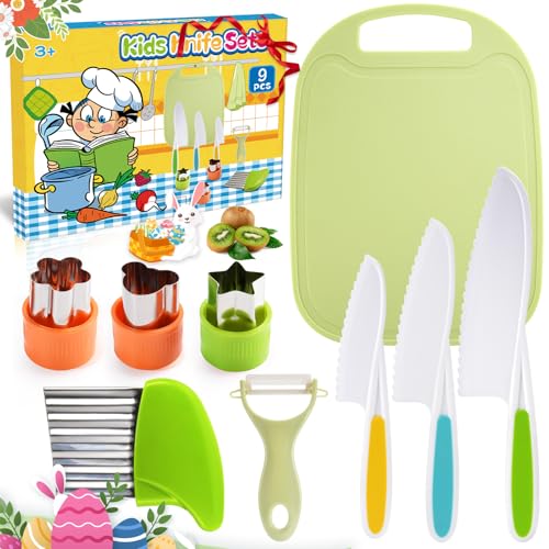Dancial Kindermesser 9-Teiliges,Sicherheits Kindermesser für Kinder ab 2 Jahren, Kinder Küchenutensilien Set (mit Gemüse Ausstechformen)Lernen & Spielen,Weihnachts- oder Geburtstagsgeschenk (Grün) von Dancial