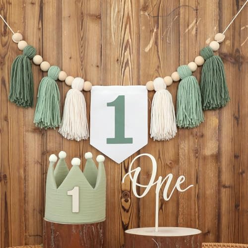 Baby Boy First Birthday Party Decorations - High Chair Banner 1. Birthday Crown Hat Cake Toppe Handmade Tassel Garland Highchair Banner Decor (Green One) von Danduolai