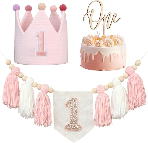 Baby Boy First Birthday Party Decorations - High Chair Banner 1. Birthday Crown Hat Cake Toppe Handmade Tassel Garland Highchair Banner Decor (Pink One) von Danduolai