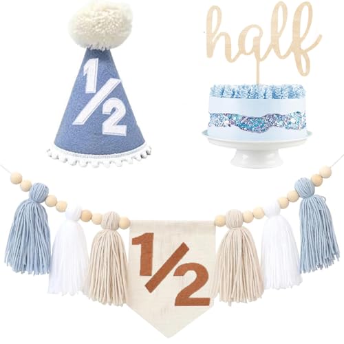 Baby Boy First Birthday Party Decorations - High Chair Banner 1st Birthday Crown Hat Cake Toppe Handmade Tassel Garland Highchair Banner Decor (Blue Half ) von Danduolai
