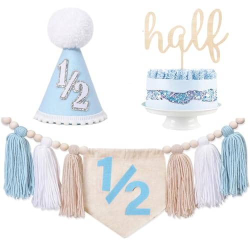 Baby Boy First Birthday Party Decorations - High Chair Banner 1st Birthday Crown Hat Cake Toppe Handmade Tassel Garland Highchair Banner Decor (Himmelblau) von Danduolai