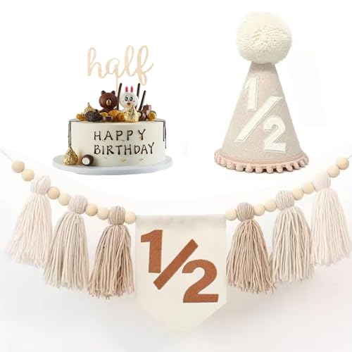 Baby Boy First Birthday Party Decorations - High Chair Banner 1st Birthday Crown Hat Cake Toppe Handmade Tassel Garland Highchair Banner Decor (Kahaki Half) von Danduolai
