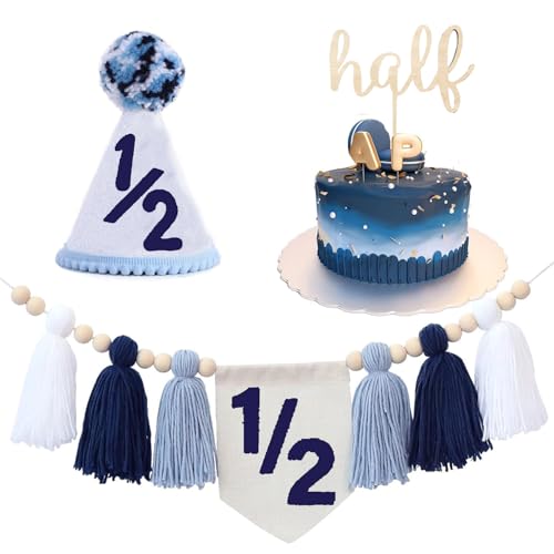Baby Boy First Birthday Party Decorations - High Chair Banner 1st Birthday Crown Hat Cake Toppe Handmade Tassel Garland Hochstuhl Banner Decor (Dunkelblau) von Danduolai