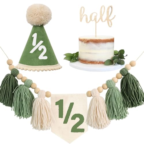 Baby Boy First Birthday Party Decorations - High Chair Banner 1st Birthday Crown Hat Cake Toppe Handmade Tassel Garland Hochstuhl Banner Decor (Grüne Hälfte) von Danduolai