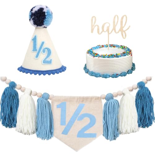Baby Boy First Birthday Party Decorations - High Chair Banner 1st Birthday Crown Hat Cake Toppe Handmade Tassel Garland Hochstuhl Banner Decor (Hellblau) von Danduolai