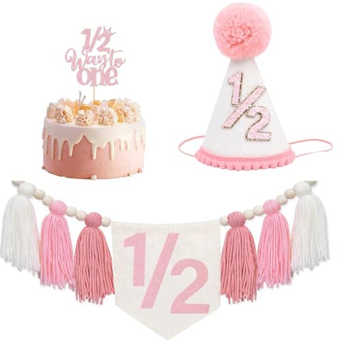 Baby Boy First Birthday Party Dekorationen - Hochstuhl Banner 1. Geburtstag Krone Hut Kuchen Toppe Handgemachte Quaste Girlande Hochstuhl Banner Dekor (Rosa Hälfte) von Danduolai
